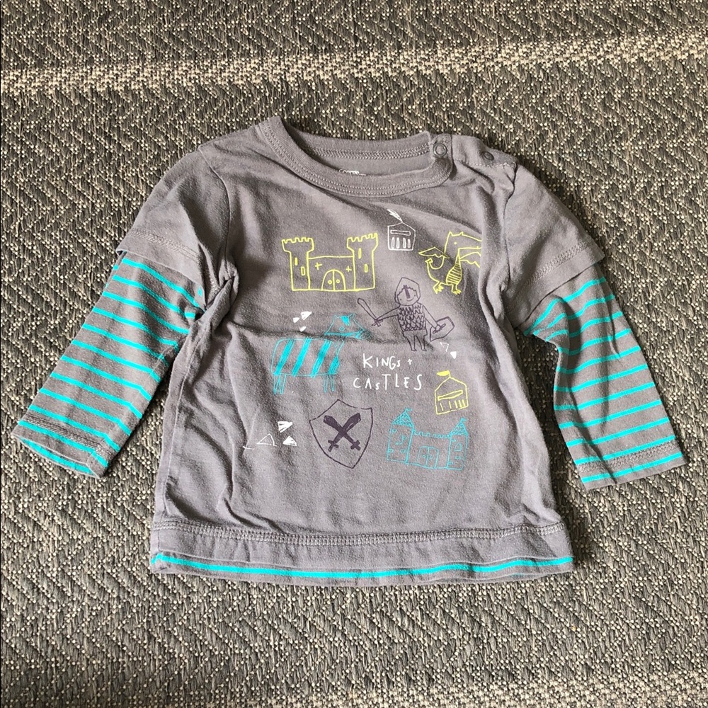 George Gray Long-Sleeve Tee with Teal Striped Sleeves and Castle Print